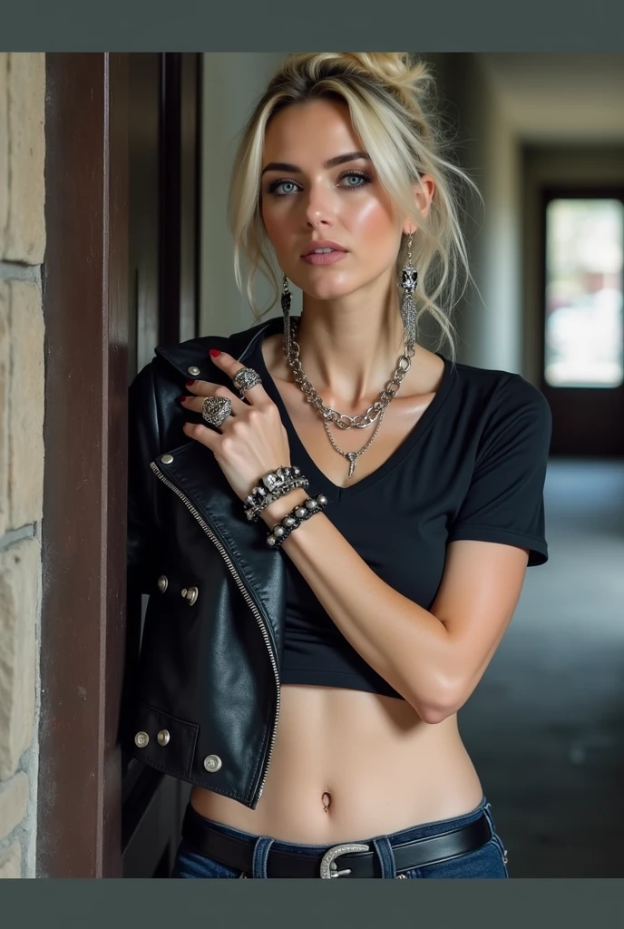 russian old milf woman, blonde hair (top bun), with very light blue eyes, extremely pale. Wearing studded cropped black moto jacket (with lots of side zippers and pins), black and white lace push up bra , dark skinny blue jeans and pointy silver Chelsea boots with cuban heels . Lots of thick wide studded bracelets, chain collars and big rings. Tacky wide studded leather belt with big skull and bones round buckle. Long earrings with feathers. Standing up, humble facial expression. Hands touching her neck in a shy way, showing off bracelets and rings. Chains around belt.. Listening in amazement to somebody speaking to her, toned six pack abdominals, thin neck, slim legs and thin arms. Narrow hips. Pierced belly button Tattoed heavily.