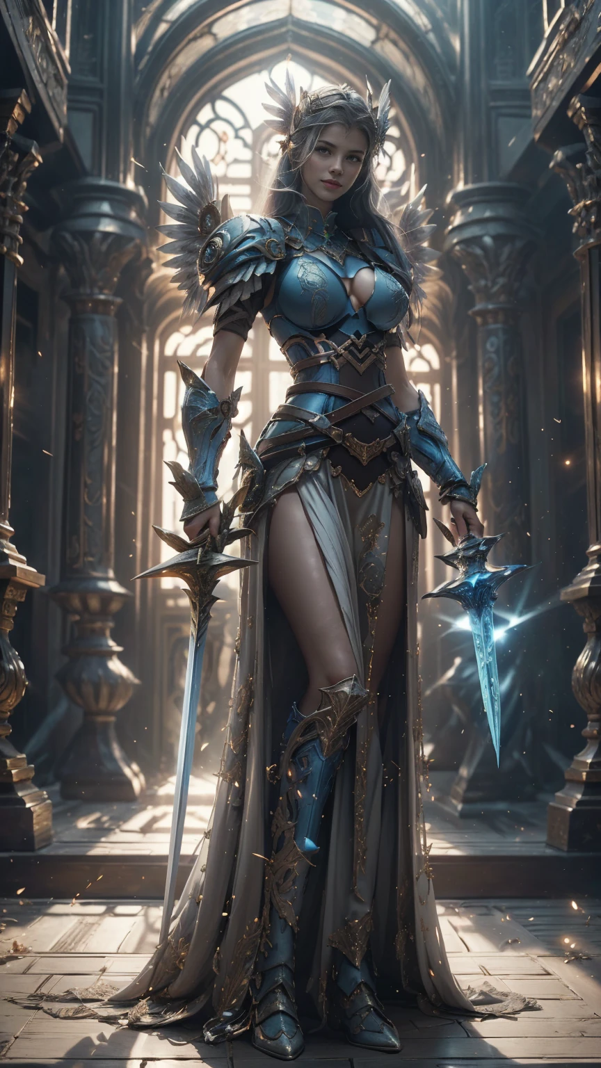 Lenneth from 'Valkyrie profile', blue plate mech4rmor, (boob window:1.37), thigh cutout, long skirt,belt,white head ornament,
standing,(holding glowing sword), (in triumphant pose), light smile,
plains,castle, (better hands, best hands,)
(insanely detailed, masterpiece, best quality),solo, wings, Chinese style