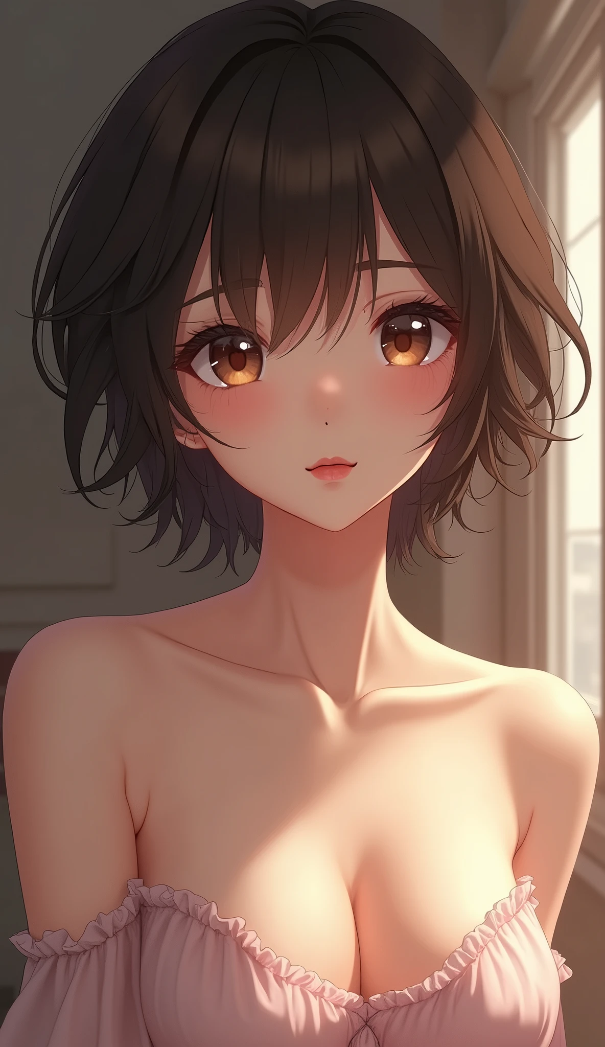 (1Girl, gray eyes, Beautiful, cute, gray short black hair, naked, )), (In a hotel room at sunset)