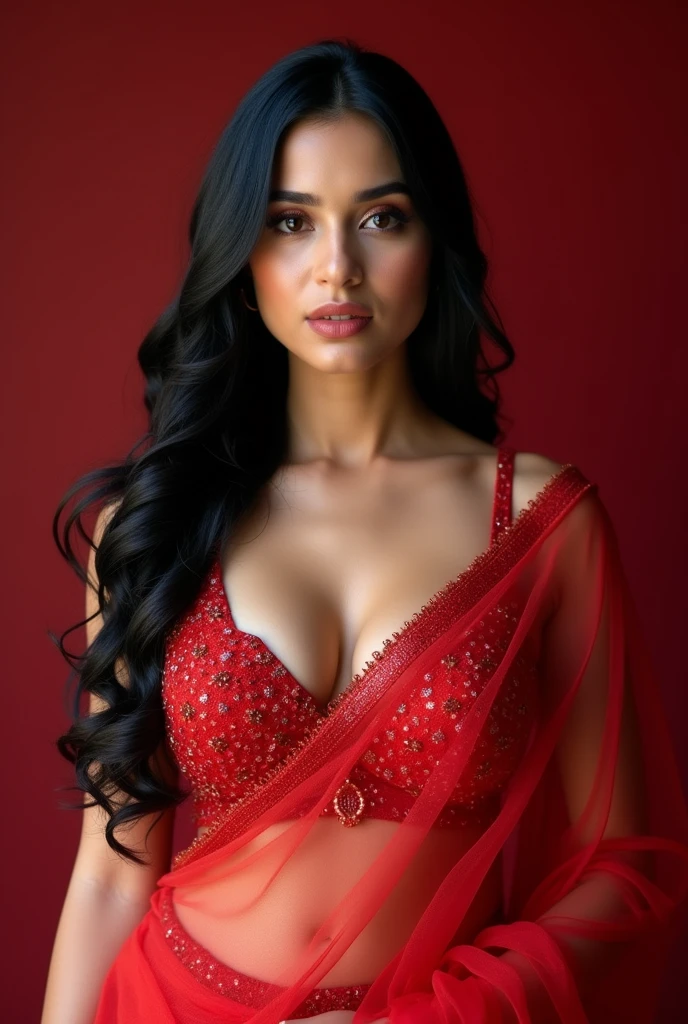 A closeup of a beautiful indian bride with big breasts (wearing translucent red wedding saree), fare complexion, portrait, long wavy black hair, hyper realistic, uncropped, low cut sleeveless bouse, attractive body features, solid color background, detailed face, deep cleavage, curvacious, perfect hand and fingers, unmatched beauty, designer lehenga and saree with glitters, simplicity and elegance of her look enhance her beauty amazingly, profession portrait photography, her bridal attire looks very premium and classy with modern touch, off the navel, lower neckline, she mesmerize anyone with her looks. perfect portrait, ((thigh high)), medium shot, 85mm, divine proportions, pose like model, front pose, front profile.