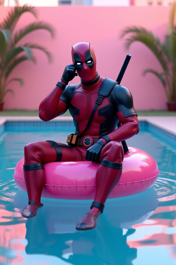 Deadpool touches his dick and lies on a pink inflatable ring in the pool