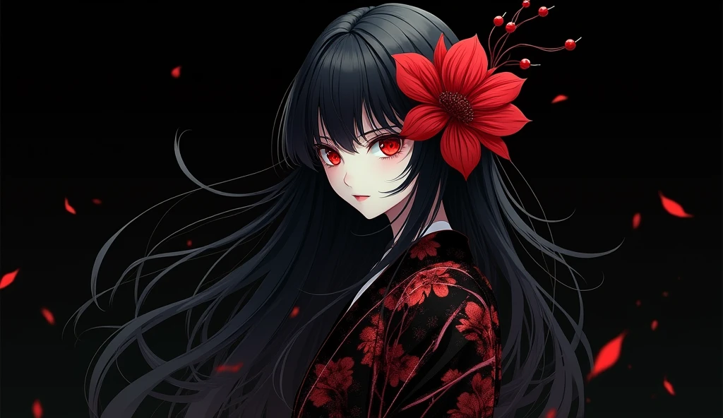 Red Higanbana, Enma Ai, Let your hair down, Hair is black, bangs, Red eyes, masterpiece, Highest quality, Very detailed, shape, one person&#39;s, alone, High resolution, Realistic, 超High resolution, (Original shape composition), (Limited Color Fusion,Maximalism art style, Kimono Fashion, Double exposure, Background Black