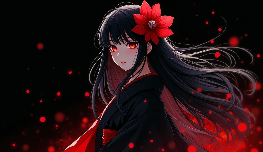 Red Higanbana, Enma Ai, Let your hair down, Hair is black, bangs, Red eyes, masterpiece, Highest quality, Very detailed, shape, one person's, alone, High resolution, Realistic, 超High resolution, (Original shape composition), (Limited Color Fusion,Maximalism art style, Kimono Fashion, Double exposure, Background Black