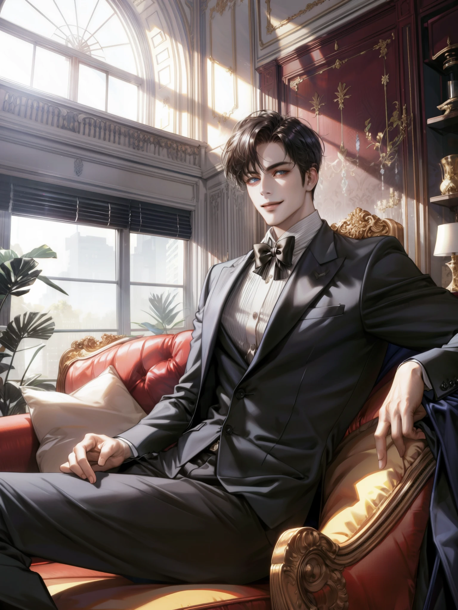 bust,A man sitting on the sofa,Facing the camera,Smile,short hair,Suit,Behind are floor-to-ceiling windows,Arrogant temperament,modern,Beautiful digital illustrations, 8k high quality detailed art, handsome stunning realistic