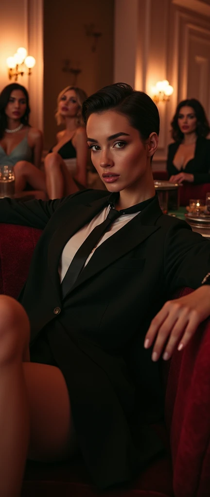 a stylish swagger tomboy woman in casino short hair in a suit and tie lazily lounging huddle with multiple girls laying around her their legs visible in the frame, fashion,elegant,glamorous posture (best quality,4k,8k,highres,masterpiece:1.2),ultra-detailed,(realistic,photorealistic,photo-realistic:1.37),HDR,UHD,studio lighting,ultra-fine painting,sharp focus,physically-based rendering,extreme detail description,professional,vivid colors,bokeh,portrait,high fashion,elegant,glamorous,cinematic,dramatic lighting,moody,mysterious,sensual,sophisticate
