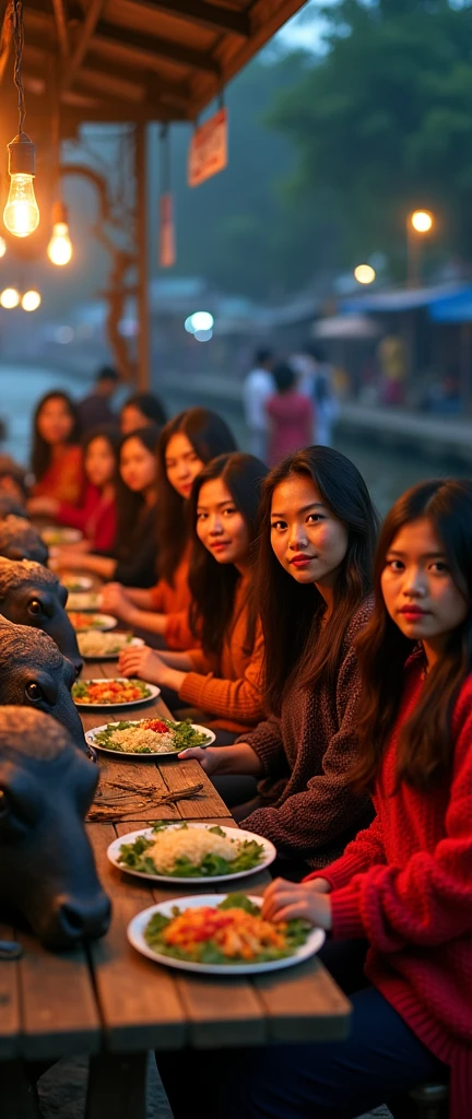 8 beautiful Indonesian women who are a bit fat, loose hair, big nose, wear colorful sweaters, long pants, sit down, all faces facing the front camera, and on the table there is a big buffalo head on a plate and rice, location at the riverside stall, beautiful night atmosphere,  many people, ultra details, minim diffect, realistic, 8k quality image