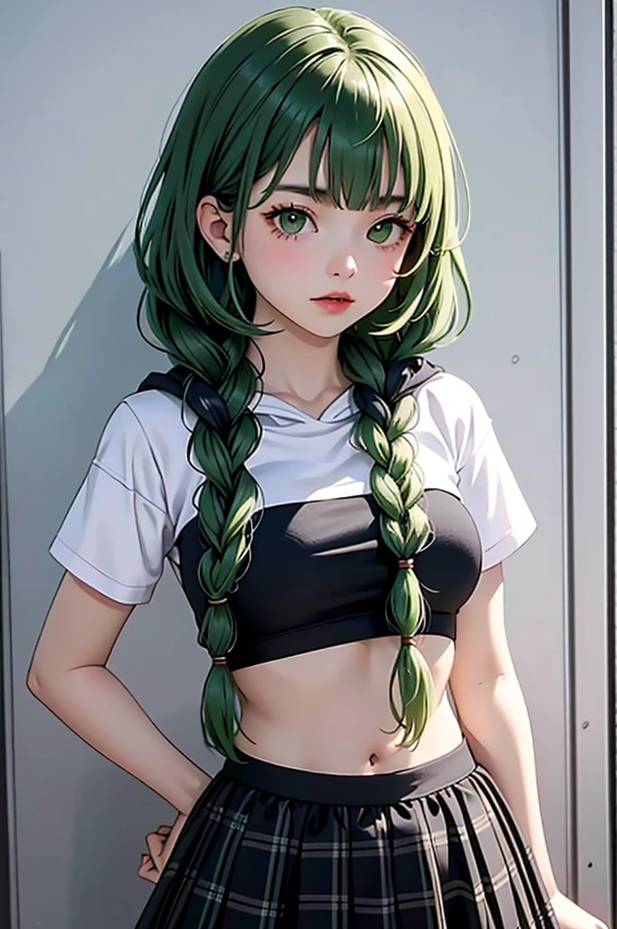 (masterpiece,highest quality),crop top look,Short sleeve hoodie, (Black skirt with gingham check),big breasts, green haired, 2 long thick braids, bangs.