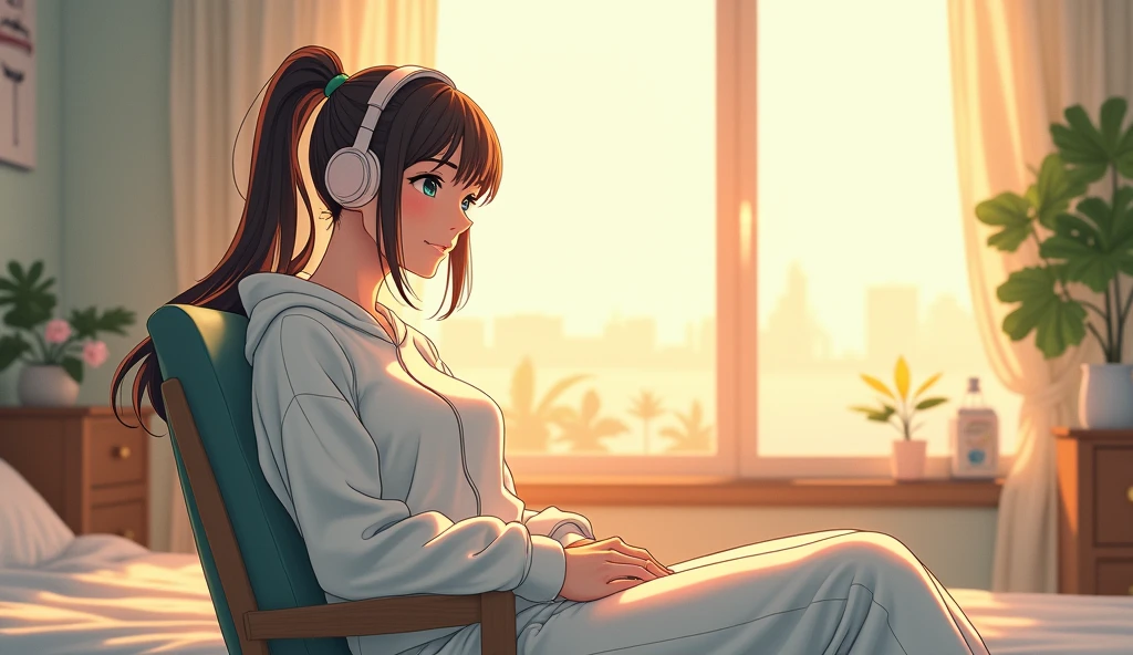 morning、Listen to music in the room、Sit on a chair、high school girl、Big Breasts、 relax、White sweatshirt、ponytail、Use headphones, Bright environment、2D-style animation, Lo-Fi、Retro、Anime style illustrations、Line art with clear outlines