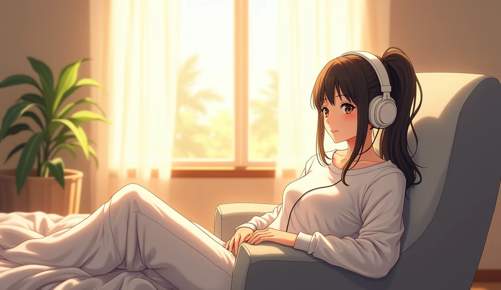 morning、Listen to music in the room、Sit on a chair、high school girl、Big Breasts、 relax、White sweatshirt、ponytail、Use headphones, Bright environment、2D-style animation, Lo-Fi、Retro、Anime style illustrations、Line art with clear outlines