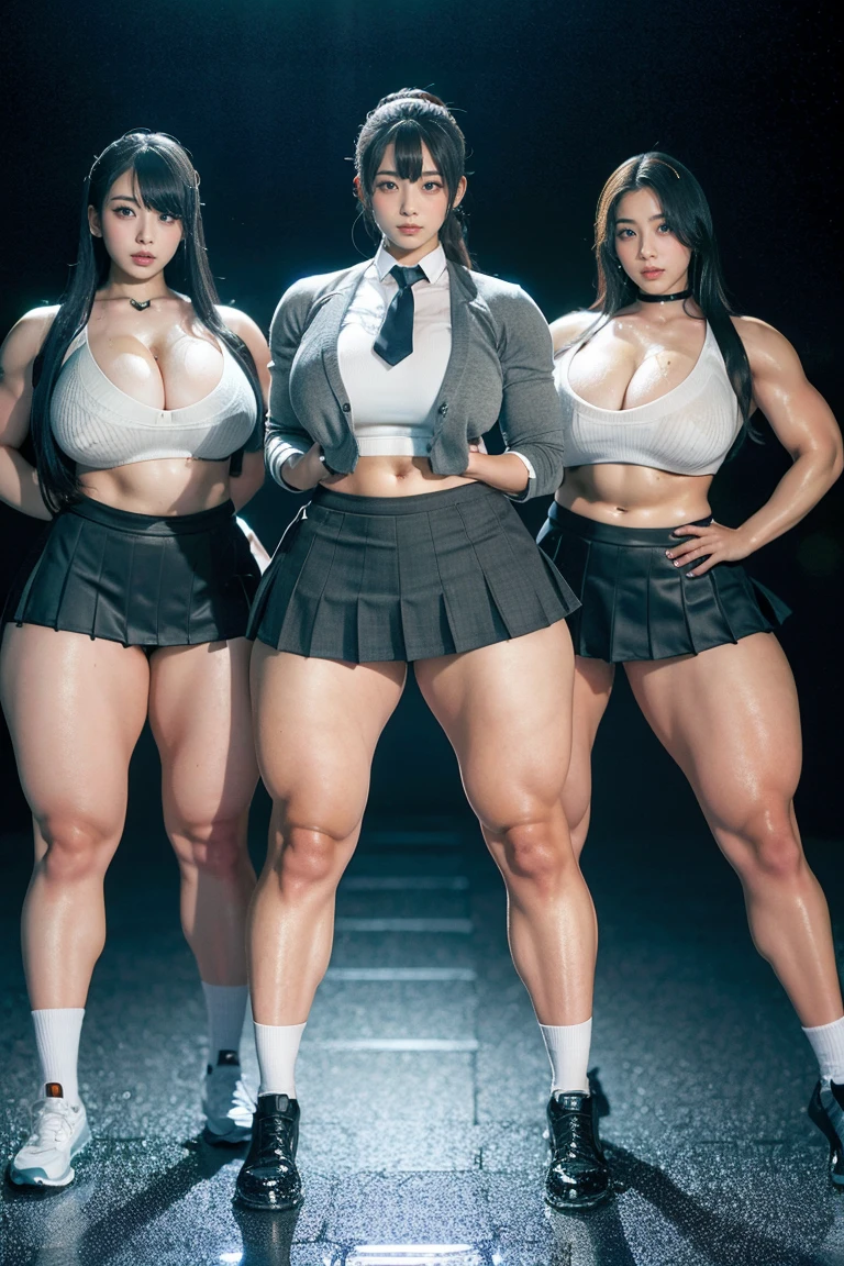Ultra-high resolution, Realistic, Very detailed, Golden Ratio, Highest quality, Four people are standing full-body shot, (promotional photoshoot), (Are standing), Four people stand on the rainy rooftop in black shoes, (Four Beautiful female with Exemplary Figures), Beautiful Face, (Realisticな face), (biondeのショートカット:1.3), Korean bionde, bionde, long straight ponytail hair, hair band, Glare, Frowning, Drooling, Long Tongue, Verbal invitation, compensate, Frowning, Frowning, Surrealism, First Person View, First Person View, Wide-angle, Ultra-high resolution, Anatomically correct, Super detailed, 16K, (Four beautiful female standing side by side) (wide thighs), (Very long legs),(body builder girl), (wide muscles), ((sexy abdominal muscles)), (huge breasts),(very voluptuous body),(short grey skirt),(deep cleavage schoolgirl uniform),(hard raining),(sexy wet uniform)