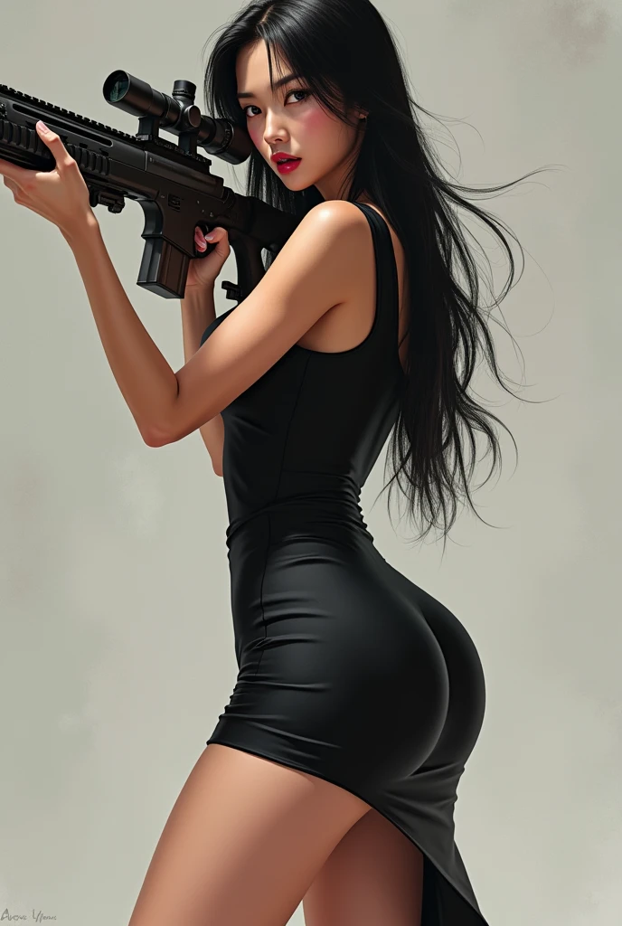 Asian Beauty、Long, straight black hair. A sniper rifle is in her hand. She is wearing a tight black dress with a slit so that her entire body can be seen.。
Accentuates thighs and buttocks