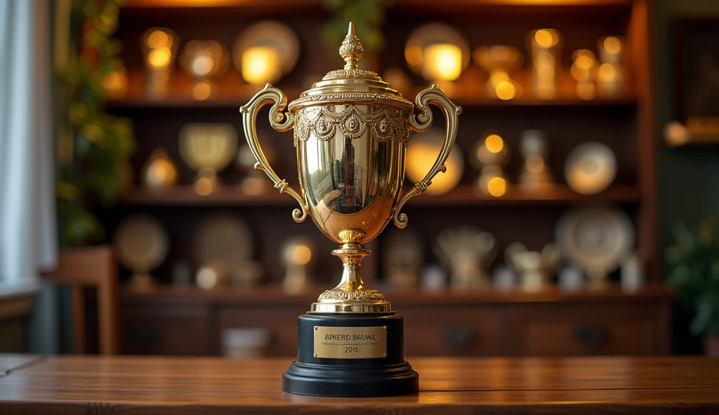 A shiny trophy on a shelf.