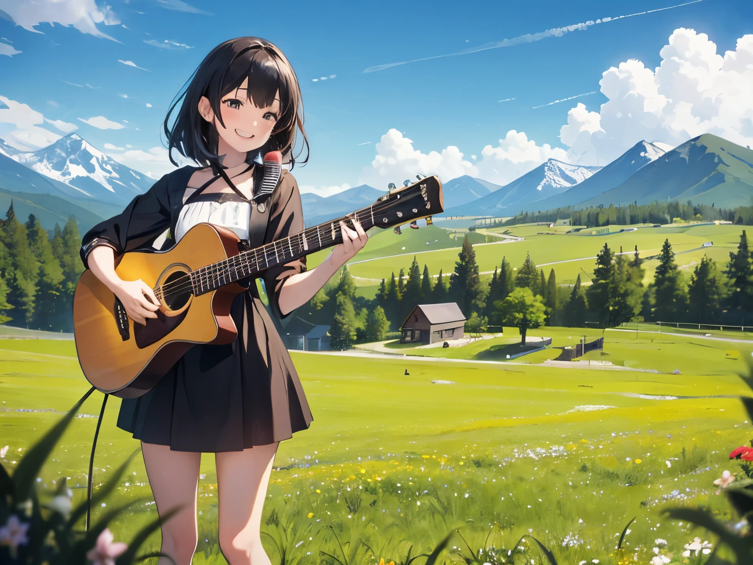 Cute 1, Guitar playing, smile, slim, dress, Outdoor, Originally, Mountain々, grassland, Flowers, null, Floating Hair, microphone, Song