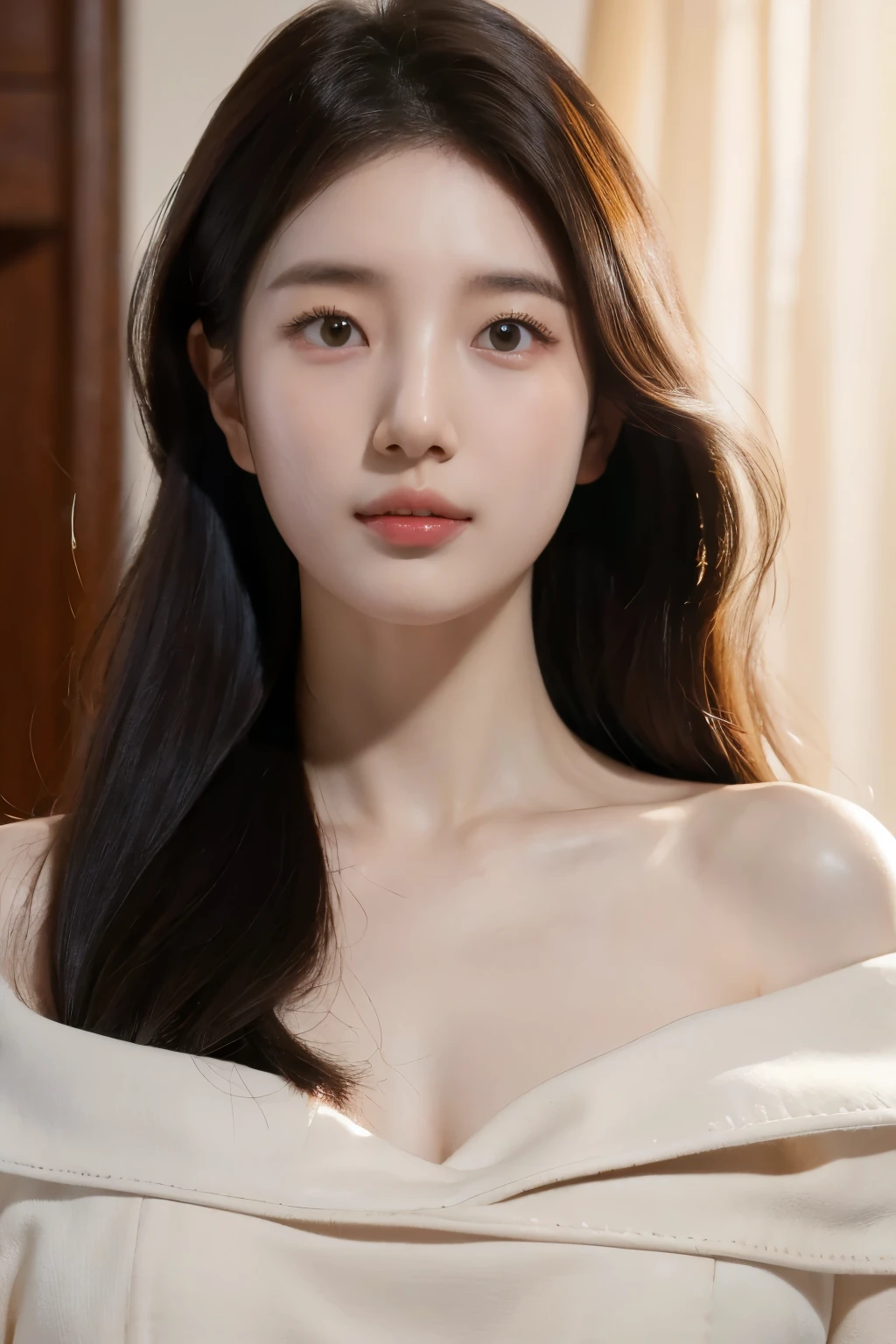 8K, masterpiece, RAW photos, best quality, realistic, depth of field, (very beautiful face, beautiful lips, beautiful eyes), best quality, masterpiece, ultra high resolution, (upper body shot:1.3), Original image, 1 woman, beige color Off shoulder, (beauty room:1.2),(cozy light), deep shadow, low tune, smile, long gray hair, pretty, big bust, Korean girl, Korean, (wide angle shot:1.3),(she is waxing manager:1.3)