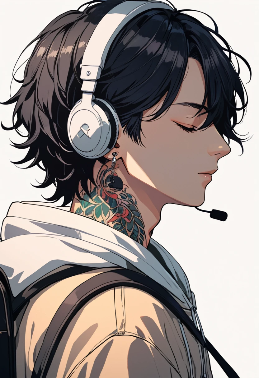 (extremely detailed CG unity 8k wallpaper), (best quality), (best illustration), (best shadow), realistic lighting, beautiful detailed reglow, masterpiece, best quality, lofi artstyle, lofi art, 80s anime style, Retro, solo, looking at viewer, short hair, simple background, black hair, long sleeves, 1boy, white background, hair between eyes, jewelry, upper body, male focus, earrings, hood, bag, from side, hoodie, tattoo, profile, piercing, backpack, hood down, cross, ear piercing, neck tattoo, Using headphone, headphone, eyes closed, closed eyes, eye is closed
