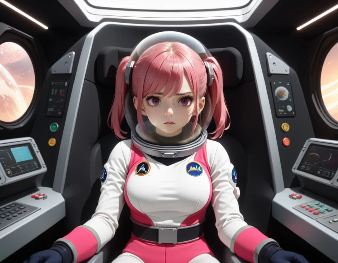 eva helm, spacesuit , astronaut), , pink hair, bubble helmet, space helmet, (1girl:1.1) wearing a (spacesuit:1.15), white cargo pants, (ugh, wtf do these buttons do:1.3), inside the cockpit of a (futuristic spaceship:1.1), sitting in the captains chair, (intricate control panels:1.3), (gleaming metal:1.1), surrounded by many buttons and dials and gauges, (confused:1.3), (worried expression:1.1), (nervous:1.1), concerned, beautiful 8k wallpaper, highly advanced, (sleek design:1.3), intricate, highres, superb, 8k wallpaper, extremely detailed, intricate,  from behing