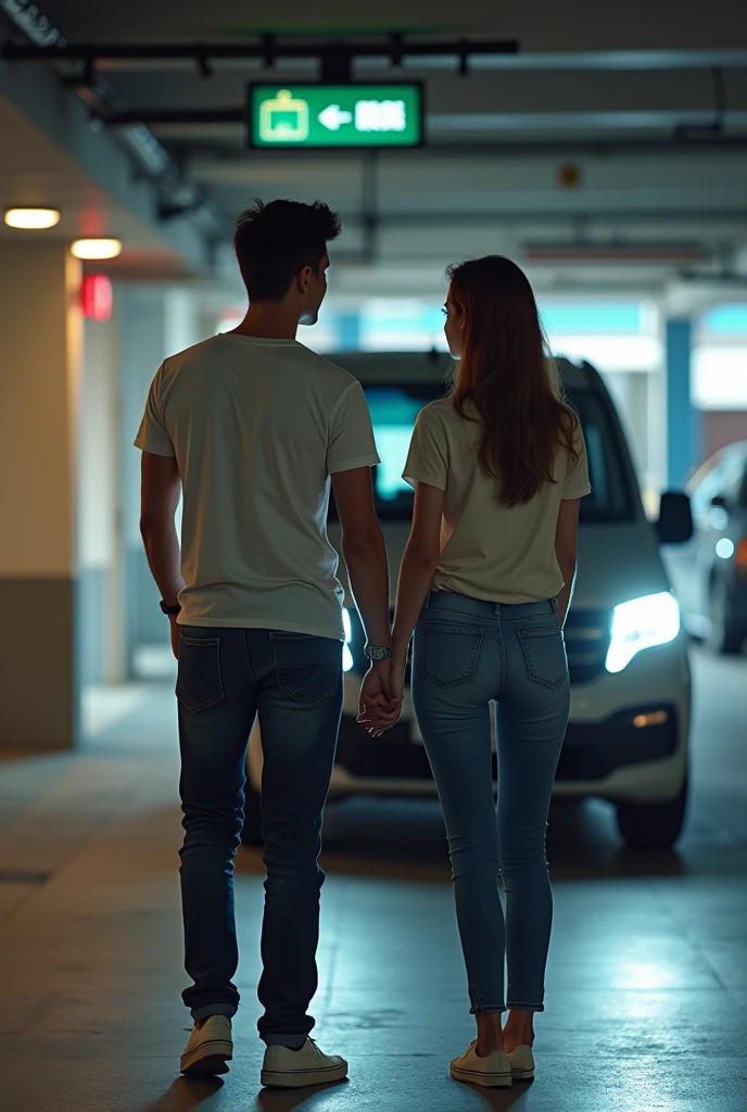 The guy is bringing his girlfriend who is wearing a top and jeans to the basement parking in an MPV cab, the guy is wearing a shirt, jeans and a smart watch