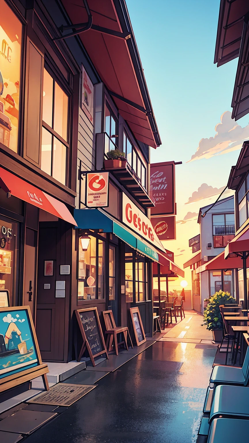 a painting of a scooter in front of a cafe with a sunset in the, cozy cafe background, cafe, beautiful retro art, scenery artwork, cafe in the clouds, warm beautiful scene, scenery art detailed, diner caffee, dream scenery art, watching the sun set. anime, anime scenery, in a sidewalk cafe, at a beautiful sunset, beautiful aesthetic art, nightcafe, in a bright cafe, super detailed color art, beautiful comic art, beautiful anime scenery, retro style art