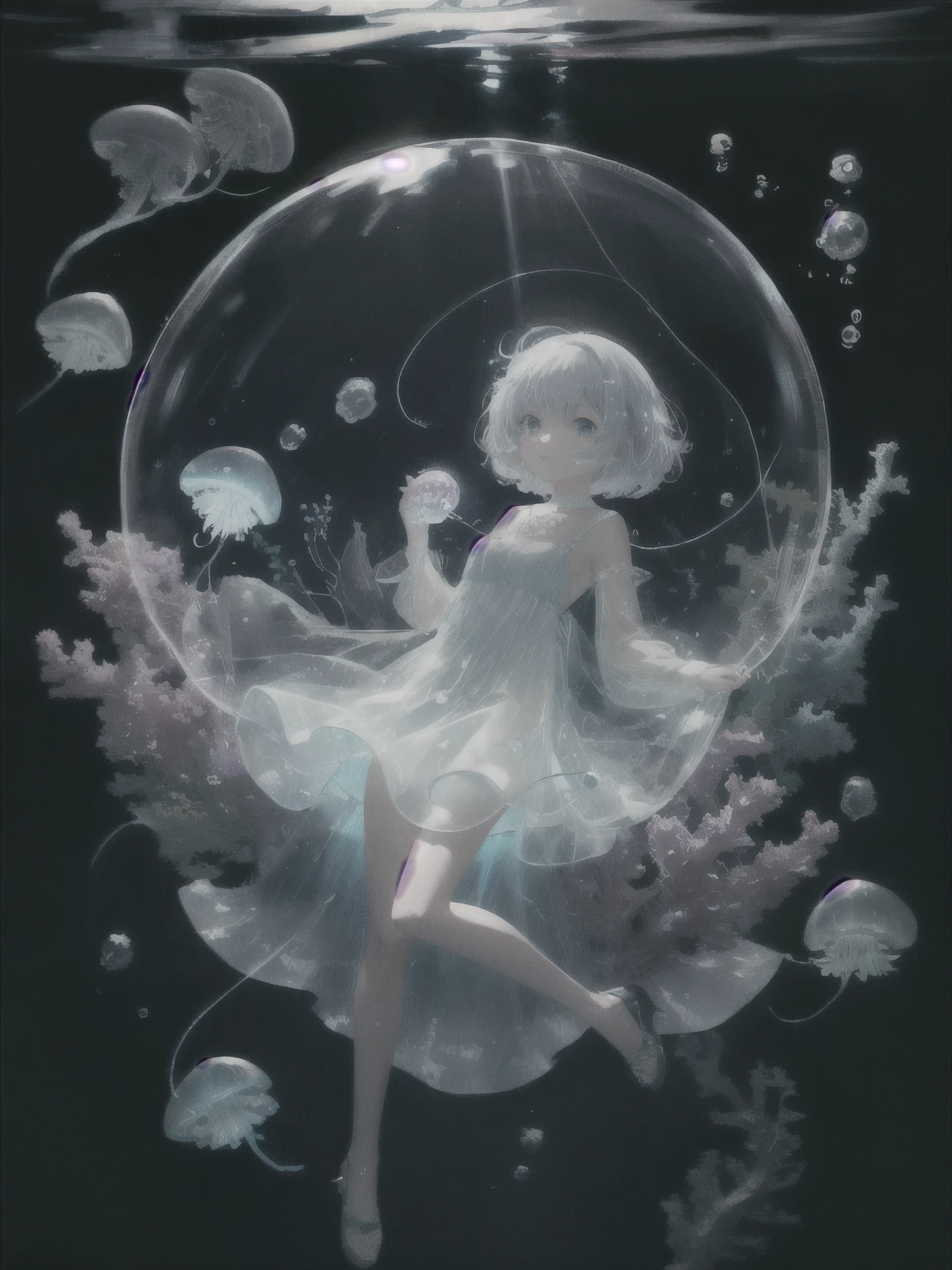 Underwater mysterious world, Magic world, glowing little jellyfish, Small fish, a girl in a transparent dress holds a glowing ball of a pearl in her hands, many small bubbles