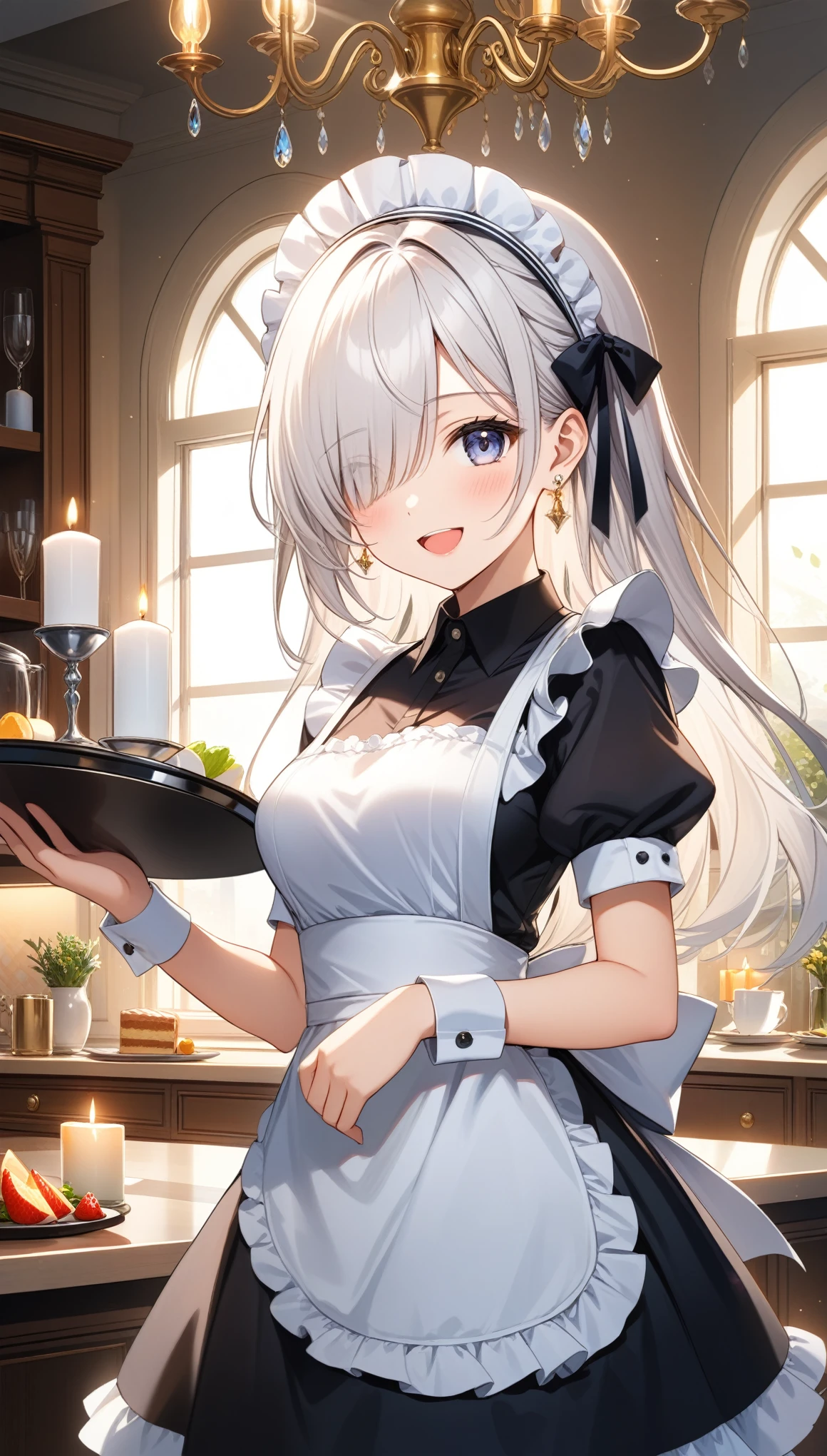 1girl, solo, long hair, breasts, looking at viewer, blush, smile, open mouth, bangs, dress, ribbon, holding, jewelry, medium breasts, hair ribbon, white hair, short sleeves, :d, cowboy shot, earrings, frills, puffy sleeves, indoors, hair over one eye, apron, black dress, puffy short sleeves, wrist cuffs, grey eyes, maid, maid headdress, window, white apron, maid apron, tray, frilled apron, candle, holding tray, chandelier, ((32k)), ((best quality)), ((ultra high res)), ((HDR)), ((UHD)), ((extremely detailed CG)), ((unity 32k wallpaper)),