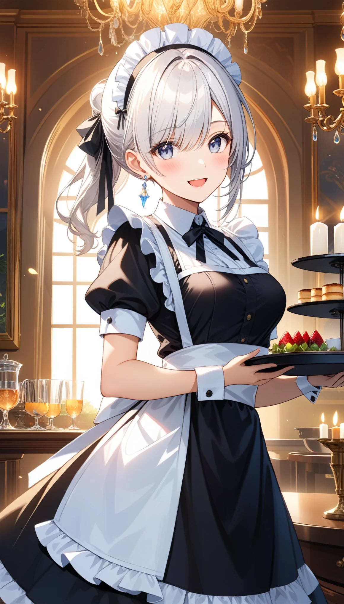 1girl, solo, long hair, breasts, looking at viewer, blush, smile, open mouth, bangs, dress, ribbon, holding, jewelry, medium breasts, hair ribbon, white hair, short sleeves, :d, cowboy shot, earrings, frills, puffy sleeves, indoors, hair over one eye, apron, black dress, puffy short sleeves, wrist cuffs, grey eyes, maid, maid headdress, window, white apron, maid apron, tray, frilled apron, candle, holding tray, chandelier, ((32k)), ((best quality)), ((ultra high res)), ((HDR)), ((UHD)), ((extremely detailed CG)), ((unity 32k wallpaper)), 