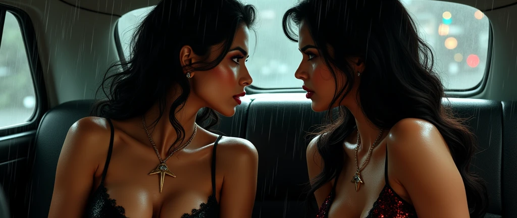 Two Indian sexybomb married woman staring hatefully each other in car seat rainy night wet bodies sexy curvy figure bodycon dress party wear