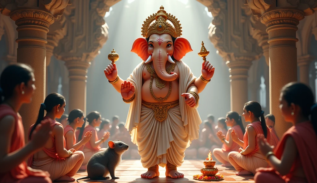 Lord Ganesh, leg near rat, with Pooja elements, Like standing and dressed in white, Giving blessings to people