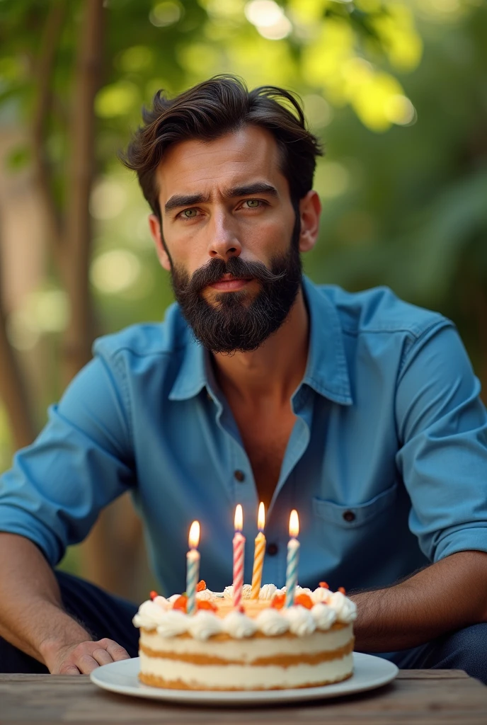 Create a realistic photo, typical Spanish man with a beard and mustache, very handsome man with a charming and deep look, green eyes, brown hair, ((whole body)) hyper realistic photos, dressed in a blue shirt, black jeans, blow out the candle on a birthday cake (candle: 3) background image: in a garden with his family next to him, head to toe, full body, hyper realistic photo