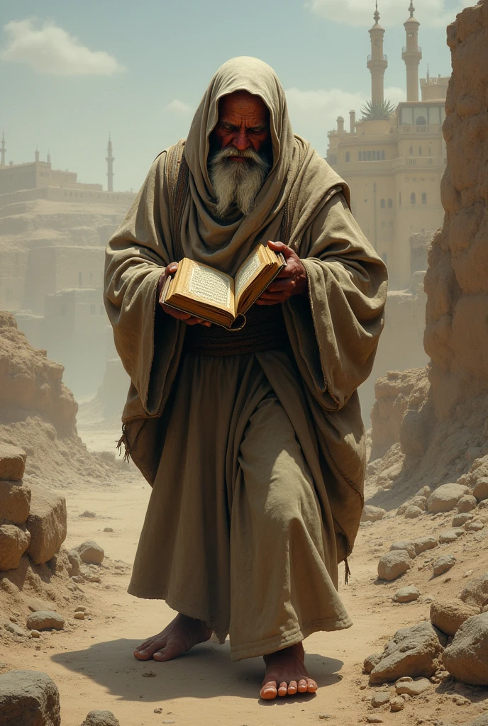 A poor old man is crying profusely behind Makkah and he is not wearing any clothes and he is also carrying junk and holding a book of Holy Quran in front of him.