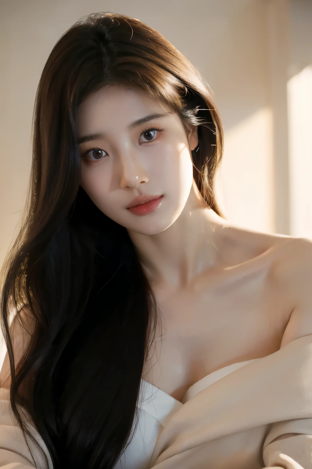 8K, masterpiece, RAW photos, best quality, realistic, depth of field, (very beautiful face, beautiful lips, beautiful eyes), best quality, masterpiece, ultra high resolution, (upper body shot:1.3), Original image, 1 woman, beige color Off shoulder, (beauty room:1.2),(cozy light), deep shadow, low tune, smile, long gray hair, pretty, big bust, Korean girl, Korean, (wide angle shot:1.3),(she is waxing manager:1.3)