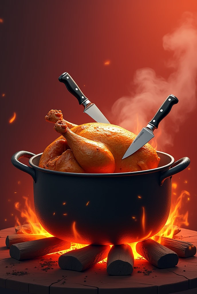 A red and white background, a pot with a fire underneath and a chicken inside the pot, a crossed two knifes on the top
