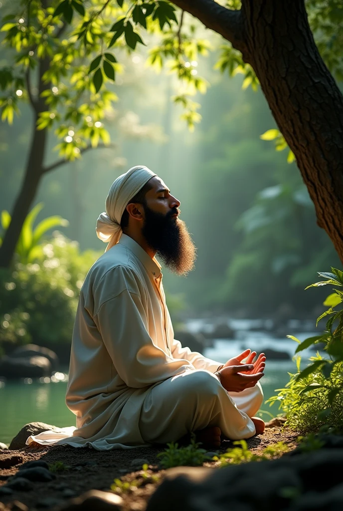 A Muslim in Jungle with 4 inch beard under a tree near to river with downing neck and closed eyes doing remembrance of Allah.