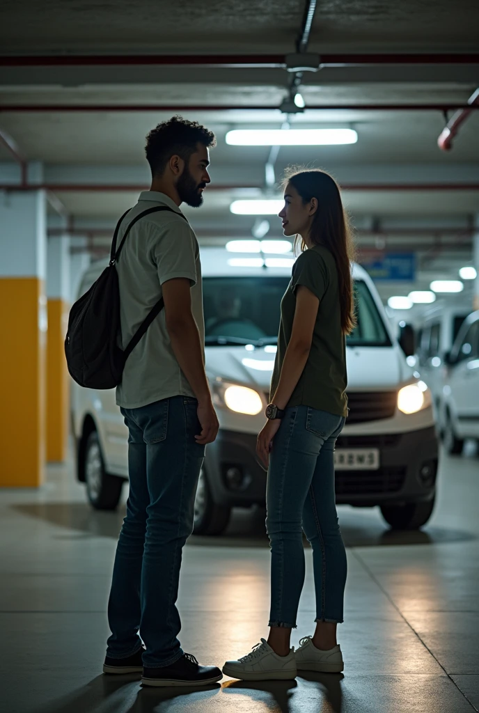 The guy is bringing his girlfriend who is wearing a top and jeans to the basement parking in an MPV cab, the guy is wearing a shirt, jeans and a smart watch