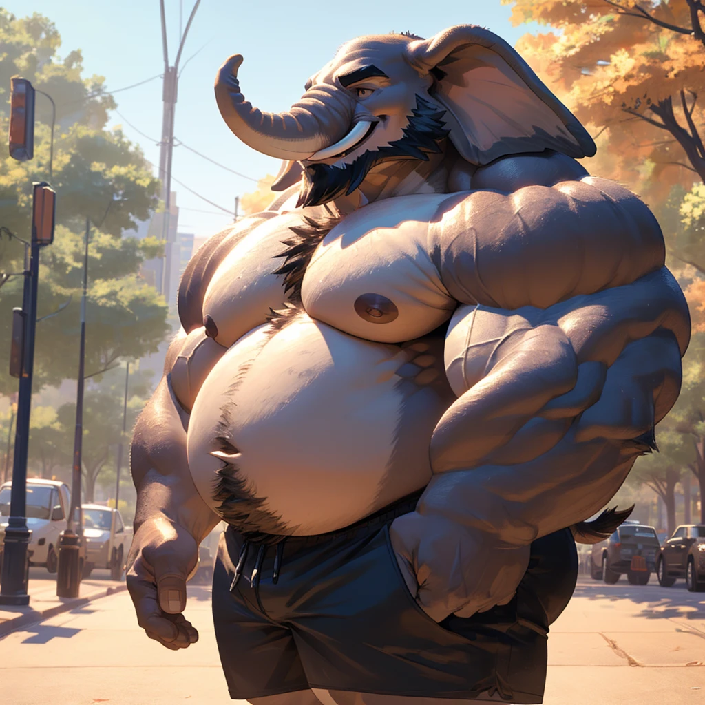 1boy, 1man, solo, a potrait (furry elephant, huge Trunk, huge tusk), (face:1.3, detailed face, bearded, beard, thick mustache), chubby, fat belly, huge belly, Park, extremely huge muscular, massive muscular , (topless, shirtless, shorts), well-muscled old man. ((extremely muscle size, super thick arms, huge pec, hyper pec, bigger chest, extremely wide pectoral , huge arms)), wide smiling. Add textures and details to make the image more realistic, such as the appearance of the. Make sure the resulting image is high resolution, 8K quality