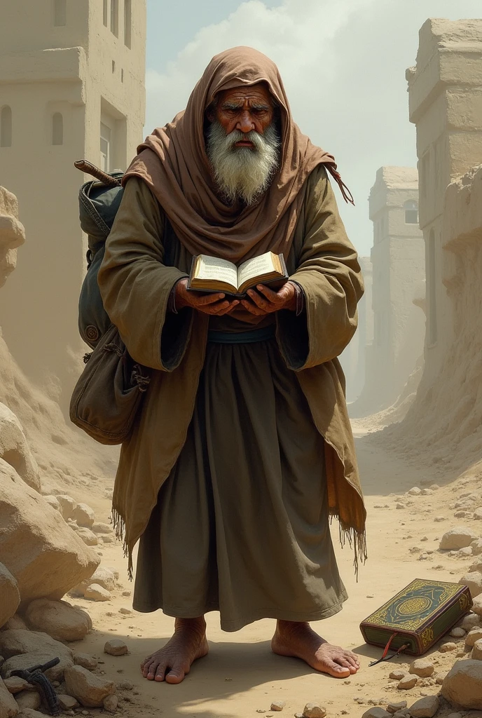 A poor old man is crying profusely behind Makkah and he is not wearing any clothes and he is also carrying junk and holding a book of Holy Quran in front of him.