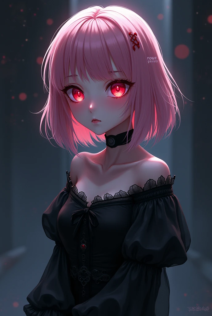 gothic Anime hot girl with Dirty dark Light Very dark less color pink hair And hime cut pale ghost siren Eyes red Eyes not dom eyes red color eyes 2D