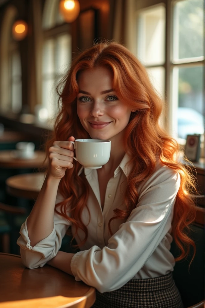 ((mulher ruiva)), ((olhos castanhos)), ((Etnia polonesa:)), enjoying a casual coffee, sitting in a vintage café), relaxed atmosphere), ((sipping coffee)), ((Classic interior design)), comfortable seats, sunlight streaming through windows, Ambiente elegante e atemporal, detalhes delicados), ((sorriso sutil)), (beleza natural), (Charme Feminino), tons de cores quentes:1.1), (Foco suave:1.2), (realistic lighting), cup of coffee in hand, conversa de fundo moderada, (Detalhes bem trabalhados), (nostalgic feel:), (caseiro e convidativo),