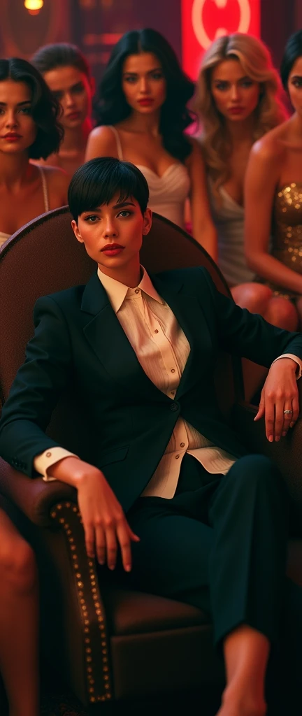 a stylish tomboy woman in casino short hair in a suit and tie reclining while laying flat, with multiple girls laying around her their legs visible in the frame, fashion,elegant,glamorous posture (best quality,4k,8k,highres,masterpiece:1.2),ultra-detailed,(realistic,photorealistic,photo-realistic:1.37),HDR,UHD,studio lighting,ultra-fine painting,sharp focus,physically-based rendering,extreme detail description,professional,vivid colors,bokeh,portrait,high fashion,elegant,glamorous,cinematic,dramatic lighting,moody,mysterious,sensual,sophisticated