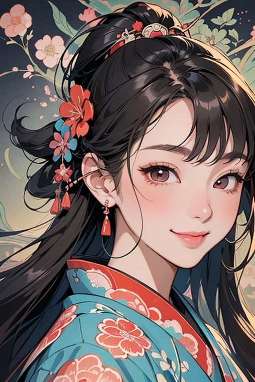 A beautiful woman smiles and shows her upper white teeth、Vividly colored Japanese Ukiyo-e style illustrations、SeaArt creates stunning illustrations of beautiful women in kimono、Brown-black long hair、Beautiful full body style、Beautiful digital illustrations、Beautiful digital painting, Bright vibrant anime art, Detailed digital anime art,  Beautiful anime portraits