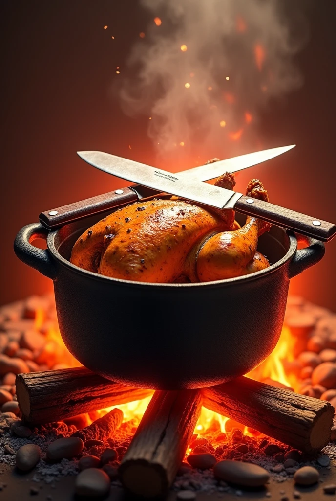 A red and white background, a pot with a fire underneath and a chicken inside the pot, a crossed two knifes on the top