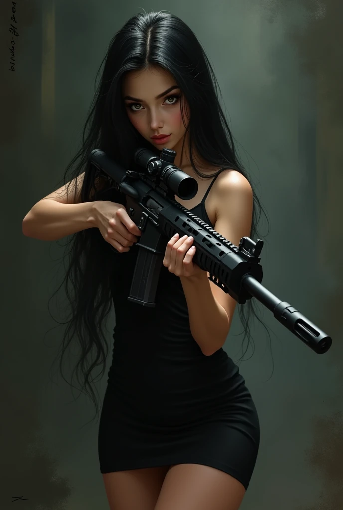 Baby-faced beauty、Long, straight black hair. A sniper rifle is in her hand. She is wearing a tight black dress with a slit so that her entire body can be seen.。
Accentuates thighs and buttocks