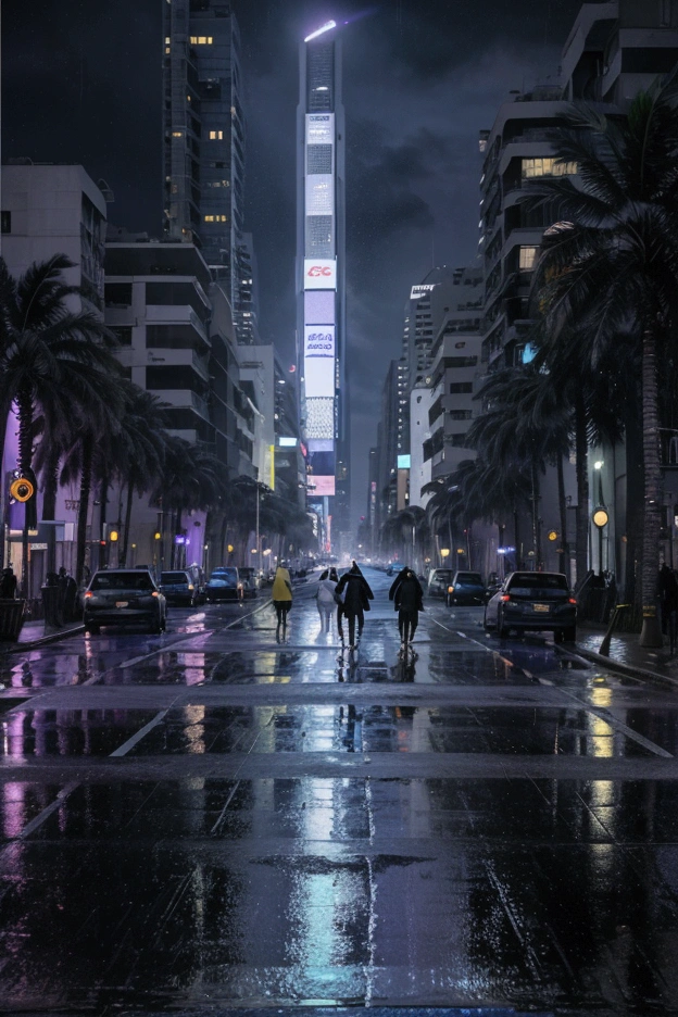 Oil painting of a futuristic street, tall buildings in a distance,bright purple and blue lights, billboards, people walking on footpath, and cars on the street. Night time, raining, very realistic, palm trees in the walk way. dark sky, bright lights from billboards, in a distance there are tall bright buildings glowing in purple and blue color lighting