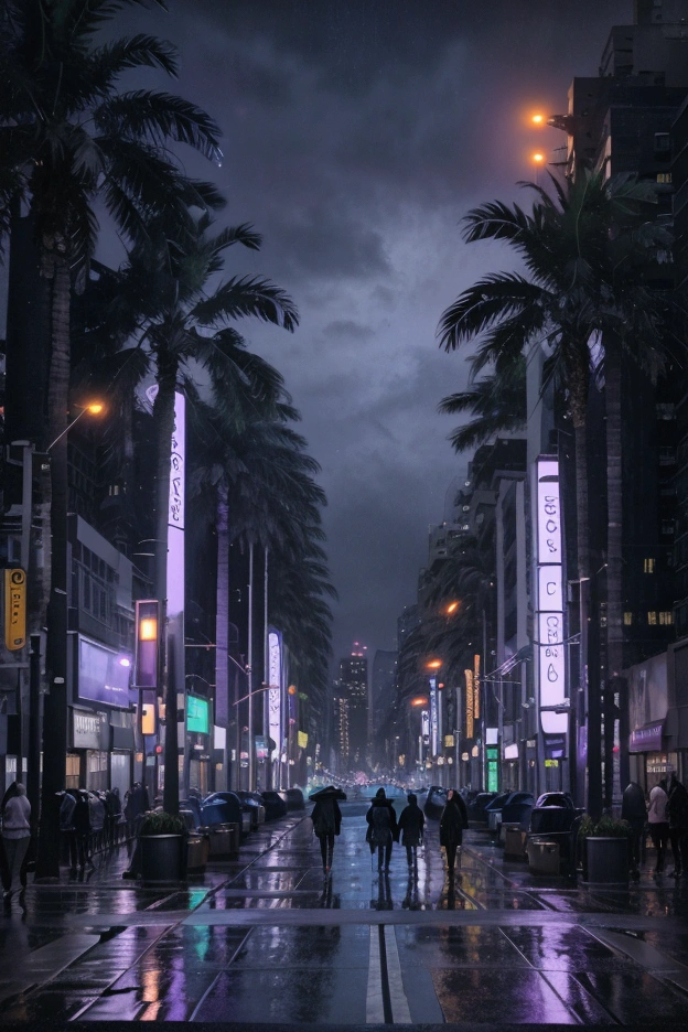 Oil painting of a futuristic street, tall buildings in a distance,bright purple and blue lights, billboards, people walking on footpath, and cars on the street. Night time, raining, very realistic, palm trees in the walk way. dark sky, bright lights from billboards, in a distance there are tall bright buildings glowing in purple and blue color lighting