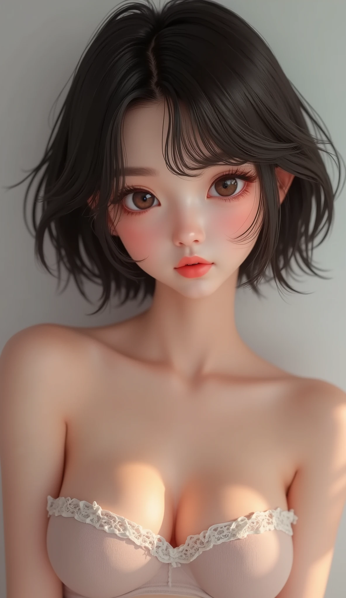 (1young girl:1.3), 18yo, (very short hair:1.2), brown eyes, fair skin, cute idol, beautiful girl with beautiful details, (shiny pink lips:1.3), extremely detailed eye and face, (sheer tube top with wide open breasts:1.3), Bare shoulders, (Bare chest, areola, nipples:1.4), (Best Quality:1.4), Super Detail, High quality, Realistic, extremely detailed CG unified 8k wallpaper, ighly detailed, High-definition raw color photos, professional photograpy, Realistic portrait, Cinematic Light, Beautiful detailed, (Realistic skin:1.2), depth of fields, 