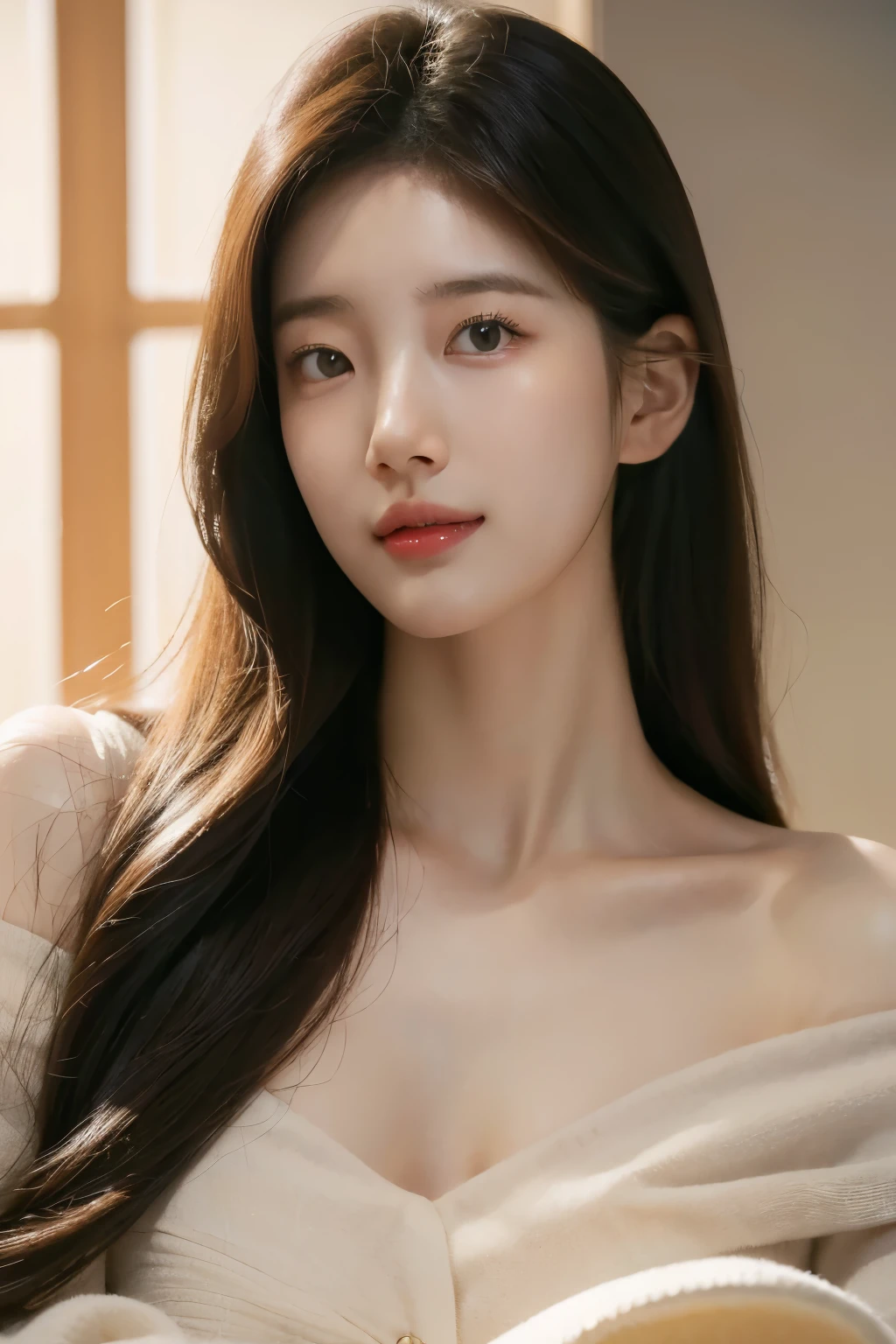 8K, masterpiece, RAW photos, best quality, realistic, depth of field, (very beautiful face, beautiful lips, beautiful eyes), best quality, masterpiece, ultra high resolution, (upper body shot:1.3), Original image, 1 woman, beige color Off shoulder, (beauty room:1.2),(cozy light), deep shadow, low tune, smile, long gray hair, pretty, big bust, Korean girl, Korean, (wide angle shot:1.3),(she is waxing manager:1.3)
