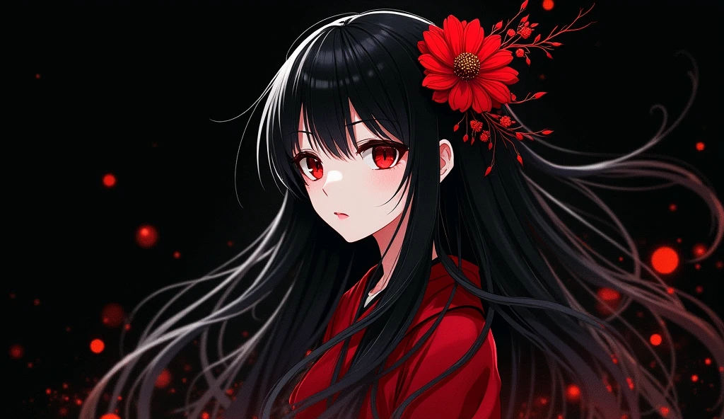 Red Higanbana, Enma Ai, Let your hair down, Hair is black, bangs, Red eyes, masterpiece, Highest quality, Very detailed, shape, one person's, alone, High resolution, Realistic, 超High resolution, (Original shape composition), (Limited Color Fusion,Maximalism art style, Kimono Fashion, Double exposure, Background Black