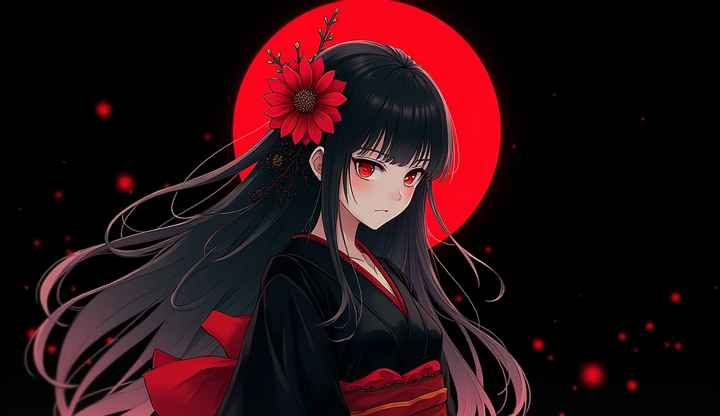 Red Higanbana, Enma Ai, Let your hair down, Hair is black, bangs, Red eyes, masterpiece, Highest quality, Very detailed, shape, one person's, alone, High resolution, Realistic, 超High resolution, (Original shape composition), (Limited Color Fusion,Maximalism art style, Kimono Fashion, Double exposure, Background Black