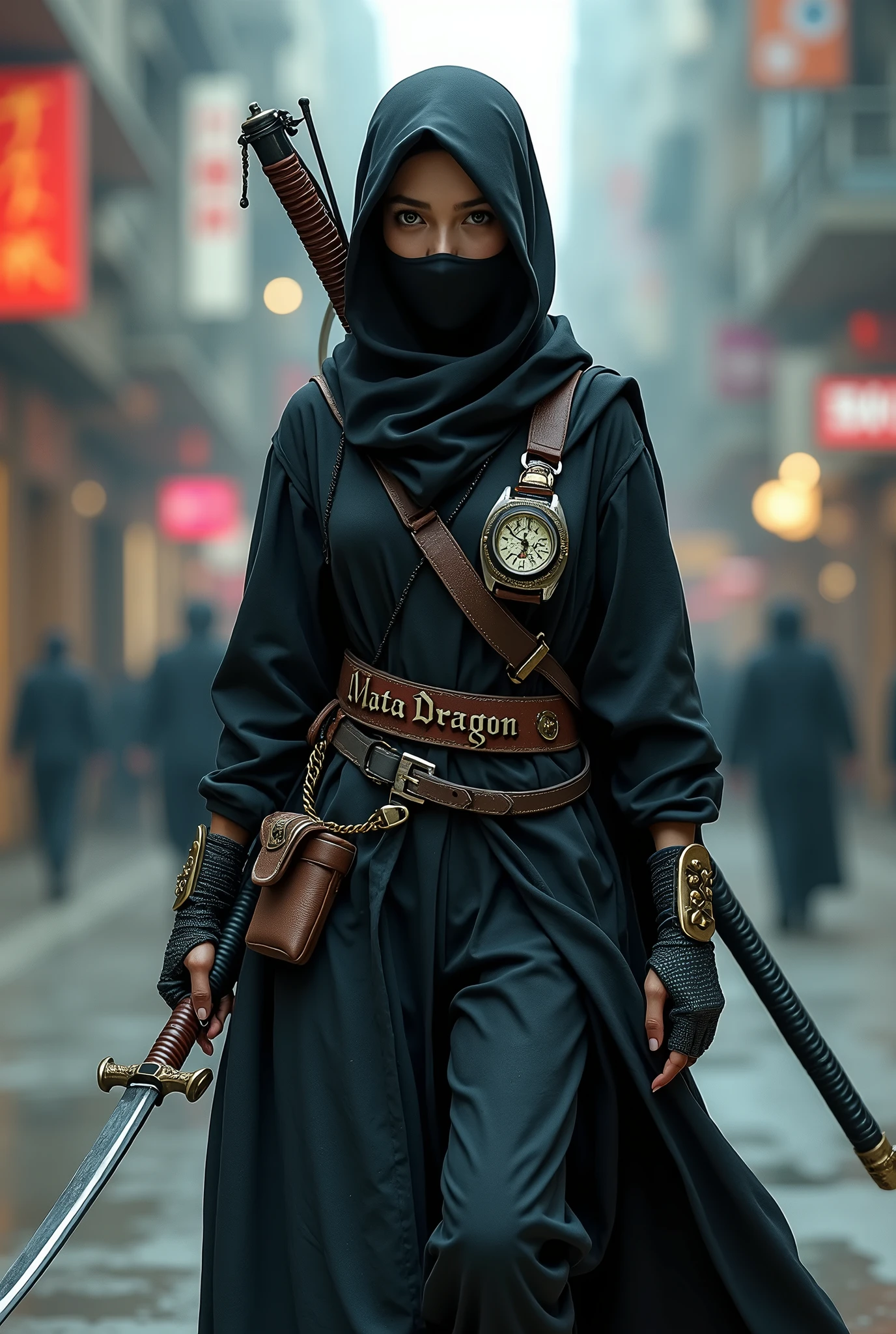 a girl like ninja around age 15, Muslim niqabis close her face, wearing tech cloak, have Mata Dragon roman text on clock, slim body, holding katana, cyberpunk, big name tag using roman text Mata Dragon text on clock, Mata Dragon roman text carve at katana, have bow on back, walking toward camera.