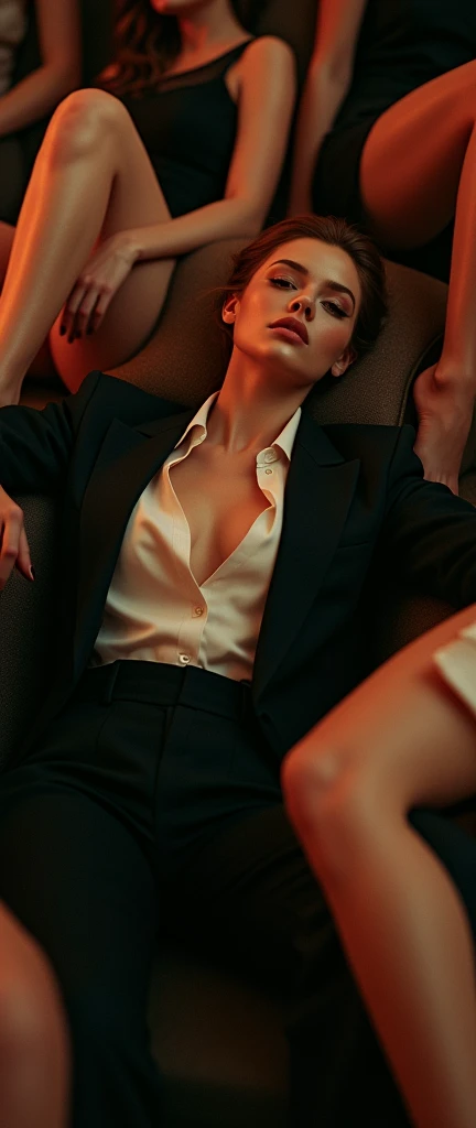 a stylish woman in a suit and tie reclining while laying all ontop of multiple girls laying around her their legs visible in the frame, fashion,elegant,glamorous posture studio light glowing warm on her face (best quality,4k,8k,highres,masterpiece:1.2),ultra-detailed,(realistic,photorealistic,photo-realistic:1.37),HDR,UHD,studio lighting,ultra-fine painting,sharp focus,physically-based rendering,extreme detail description,professional,vivid colors,bokeh,portrait,high fashion,elegant,glamorous,cinematic,dramatic lighting,moody,mysterious,sensual,sophisticated