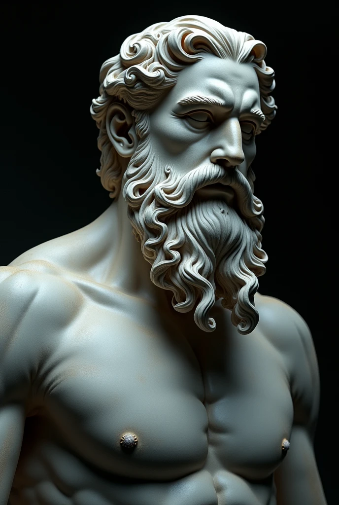 Greek statue of philosophy with beard and muscles, cinematic, 8k, dark background, detailed symmetrical realistic face, extremely detailed natural texture, peach down, Cheveux courts, head of&#39;artwork, nonsense, photo primée de Lee Jeffries, Nikon Film Stock D850 Photography, Appareil photo Kodak Portra 400 F1.6 lens, extremely detailed, Incroyable, Fine details, rich colors, Hyper realistic realistic texture, Dramatic lighting, Unreal engine, tendance sur artstation, cinestill 800 tungstène, regarder le spectateur, photo realistic, Photo RAW , TanvirTamim, high quality, high resolution, sharpness, extremely detailed, cinematic lighting, 8k uh,